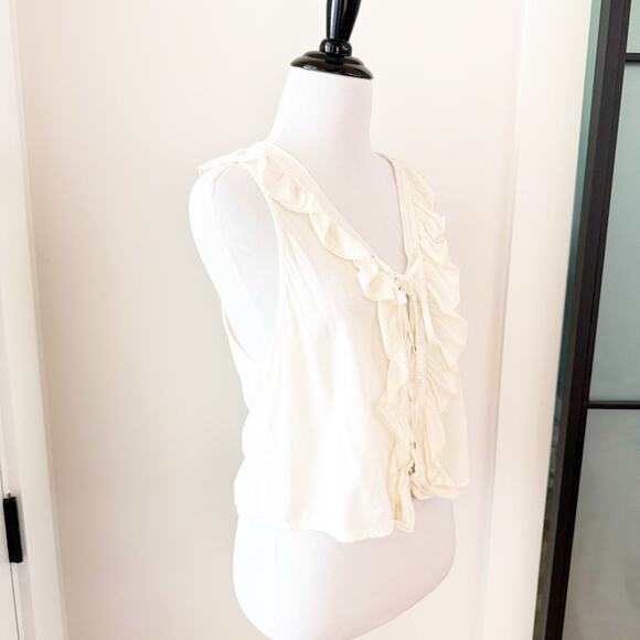 Women’s Boho Victorian Steampunk Ruffle Tie Front Vest Top Ivory Italy O/S M - Picture 4 of 11
